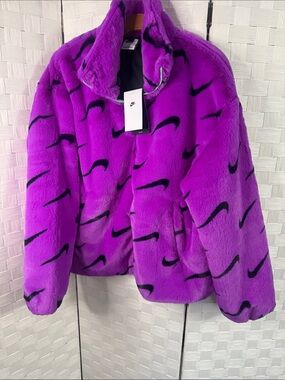 Nike Vibrant Purple Faux Fur Jacket with Black Swoosh Accents